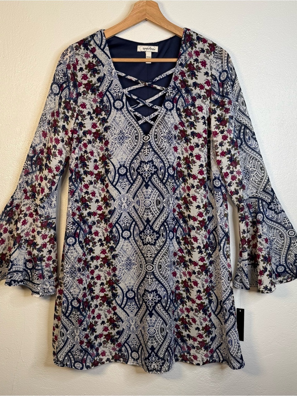 Speechless Floral Lattice Sheath Dress Peasant Bell-Sleeves Women's Size Medium